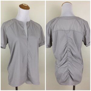 INDYGENA Taupe Ruching Back Short Sheer Sleeve Insert 1/4 Hidden Zip Shirt